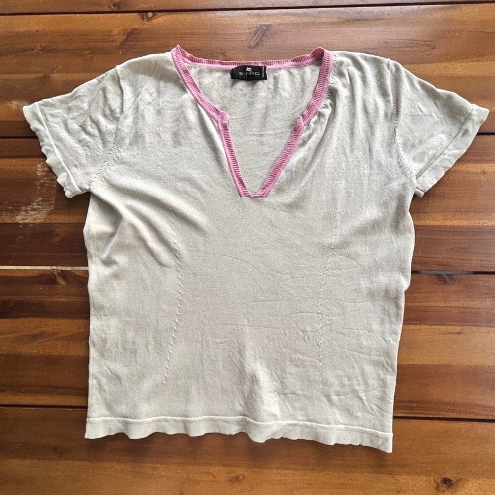 ETRO Milano Knit Top Size 44 Beige Pink Trim Short Sleeve V-Neck Italy, M